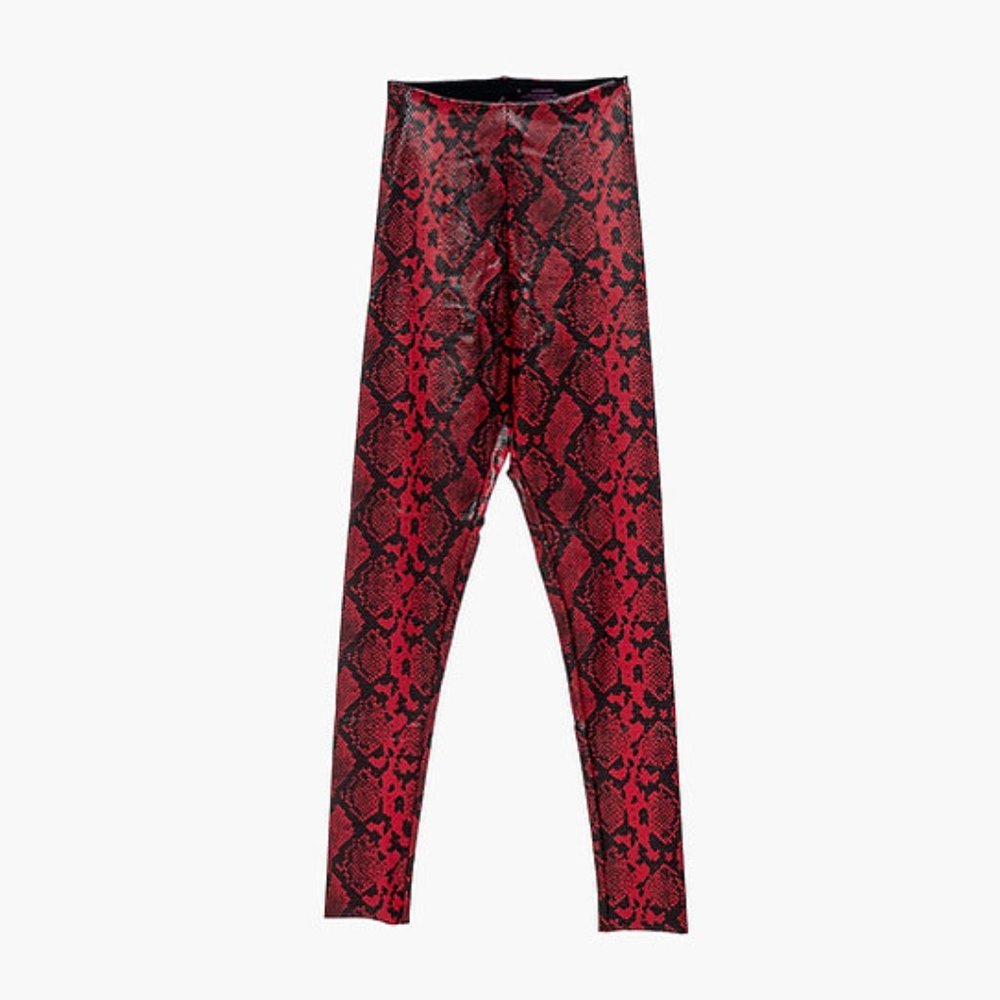 917-Commando Red Faux Leather Snake Skin Print Leggings
